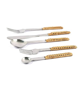 Cuchara de acero inoxidable con mango de ratán natural, utensilio para ensalada, tenedor y cuchara, juego de cubiertos, superventas - Product Image 2