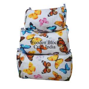 New Stylish 3 Piece white butterfly print Quilted Fabric Toiletry 3 Pouch Set Durable Travel Organizer <b>Cosmetic</b> <b>Bags</b> <b>Cases</b> - Product Image 1