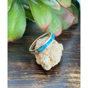 Navajo Handcrafted Sterling <b>Silver</b> <b>Ring</b> with Natural Blue <b>Opal</b> Inlay Size 8-Boho Statement Jewelry - Product Image 3