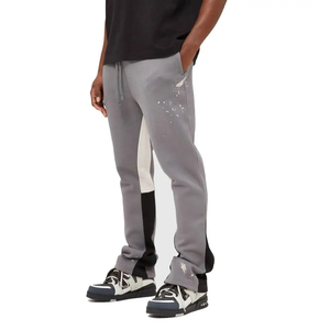New High Quality Customized <b>Men's</b> Casual Flare Sweatpants Mid 100% Cotton <b>Drawstring</b> Closure Custom Logo Patchwork Design Jogger - Product Image 2