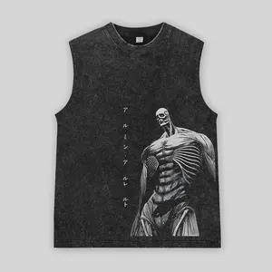 Camiseta sin mangas con lavado ácido personalizada para hombre, cuello redondo desgastado, diseño contemporáneo impreso en Chaleco de punto de algodón 100% - Product Image 5