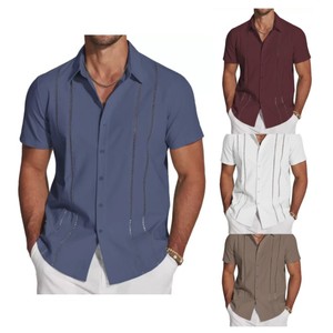 Chemises à manches courtes en coton et lin bleu pour hommes, vêtements décontractés à boutons cubains pour hommes, nouveaux styles de chemises à la mode - Product Image 1