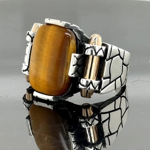 Bague pour homme en pierre naturelle œil de tigre, modèle balle, incrustation de pierres complexes, fabrication artisanale, prix le plus bas - Product Image 4
