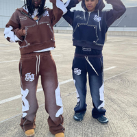 OEM Personnalisé 600GSM Épais Éponge Applique Broderie Lavage À L'acide Survêtements Zip Up Veste À Capuche Et Cargo Pantalon De Survêtement Ensemble