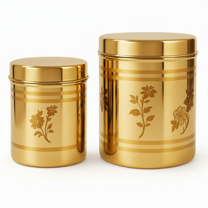 Ensemble de pots de rangement en acier inoxydable gravé de fleurs dorées élégantes et modernes, contenants cylindriques pour une utilisation en cuisine - Product Image 1