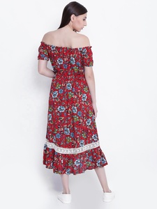 Casual All-Over <b>Pattern</b> Flounce <b>Dress</b> Shoulder Neckline Smocked Waist Ruffle Trim Plus Size Viscose ODM Fashion Knee-Length - Product Image 6