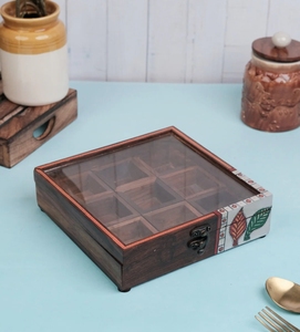 Red Leaf Mango Wood Spice Box with 9 <b>Partitions</b> Containers spice container with spoon <b>wooden</b> kitchen decor Removable Compartment - Product Image 2