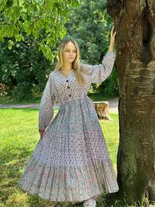 Pur coton longue robe Maxi indien bloc imprimé Pastel été terreux élégant maman confortable vêtements de jour - Product Image 4