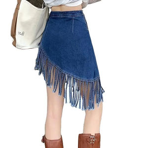 Dark Blue Medium Length A-Line Hem Trimmed Denim <b>Skirt</b> Sale Wholesale For Girls Women Lady - Product Image 5