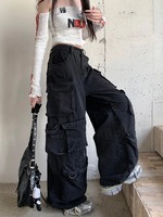 Streetwear délavé noir Baggy Jeans Cargo pantalon pour femmes vêtements multi-poches jambe large dame pantalon