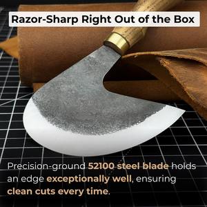 Couteau demi-lune (couteau rond) lame tranchante de rasoir en acier au carbone trempé, manche en frêne, avec gaine en cuir outil de coupe en cuir - Product Image 3