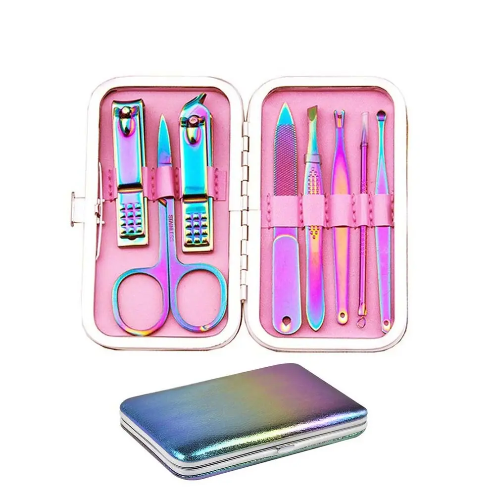 New Rainbow Manicure Kit Pedicure Professional Grooming Care Tools Nail File Nail Clippers With Leather Manicure Set