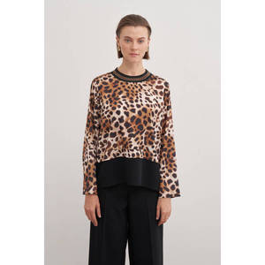 Blusa de punto con estampado de leopardo marrón para mujer, moda coreana, top informal de media manga - Product Image 5