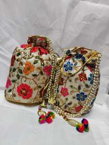 Custom Made Eco-Friendly Natural Color Floral Embroidery Polyester Extra <b>Large</b> Drawstring Potli <b>Bags</b> for <b>Beach</b> Use - Product Image 6