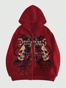 Sweat à capuche avec fermeture éclair Logo crâne personnalisé imprimé Fabricant de sweat à capuche zippé vierge épais Sweat à capuche zippé en polaire surdimensionné - Product Image 4