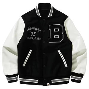 New High Quality <b>Men's</b> Long Stand Collar Custom Embroidered Front Logo Leather Sleeve <b>Warm</b> Letterman Varsity Baseball <b>Jacket</b> - Product Image 1