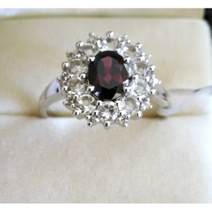 Shah Gems Women's Natural <b>Garnet</b> Halo <b>Ring</b> in 925 Sterling <b>Silver</b> Oval Cut Rhodium Plated for Engagement or Gift - Product Image 1