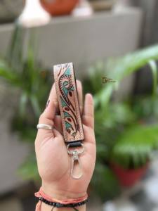 New Arrival Stylish RFID Feature Turquoise <b>Leather</b> Keychain Hand <b>Tooled</b> Real <b>Leather</b> Keyrings - Product Image 4