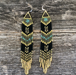 Triángulo Flecos Borlas-Aceitunas, Turquesa, Negro y Oro Flecos Borla Pendientes-Oro-Largo - Product Image 1
