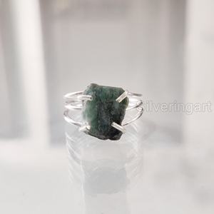 Rough <b>Stone</b> Jewelry Women's <b>Ring</b> Natural Emerald Raw Gemstone May Birthstone 3 Plain Band Christmas 925 Sterling <b>Silver</b> <b>Ring</b> - Product Image 1