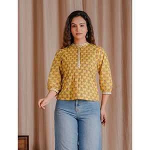 Chic <b>Yellow</b> Butti Cotton Pintux Style Short <b>Top</b> for <b>Ladies</b> XL Size Breathable Poplin Fabric Casual Formal Solid Viscose Linen - Product Image 1