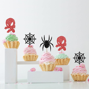 ชุดรูปแบบแมงมุมตัวท็อปคัพเค้กกลิตเตอร์สีแดงและสีดำจำนวน24ชิ้นสำหรับตกแต่งงานวันเกิด1st หรืองานปาร์ตี้รูปการ์ตูนฮีโร่ - Product Image 3