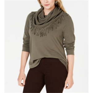 Maglione Casual da Donna Style & Co con Collo a Cappuccio e Frange, Traspirante, Verde Oliva, XL, Lavorato a Maglia con Decorazione a Nappine per l'Autunno - Product Image 1