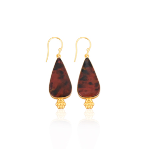 Boucles d'oreilles pendantes en laiton plaqué or de style classique faites à la main avec pierre précieuse jaspe café, boucles d'oreilles longues ovales, fabricant en gros - Product Image 1