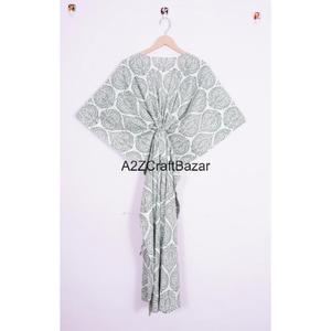 Robe Kaftan Courte Classique à Manches Courtes, Faite Main en Coton Écologique Respirant et Lavable, Motif Floral, Nouveau Style Indien - Product Image 5