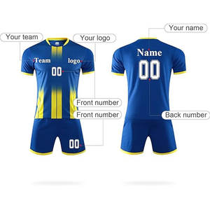 ชุดฟุตบอลแบบกำหนดเองสำหรับผู้ใหญ่ทุกเพศ ชุดฤดูร้อน เสื้อฟุตบอล กางเกงขาสั้น พิมพ์ชื่อ เบอร์ โลโก้ สีน้ำเงิน 100% - Product Image 2