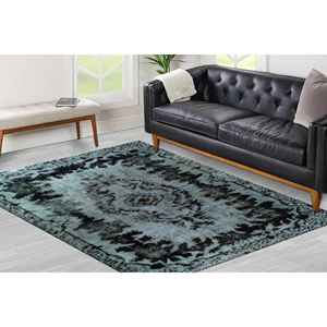 Tapis médaillon noir : Tapis imprimé de style ethnique anatolien turc, avec poils doux - Product Image 1