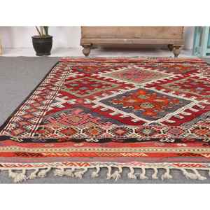 Tapis turc vintage 4,4 x 6,1 pieds, tapis d'intérieur, tapis en laine rouge Kilim - Product Image 5