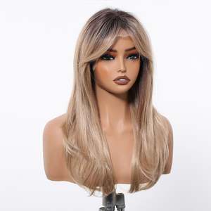 Melanie-DWY High Quality Premium Synthetic Lace Front Long Straight Layered Glueless <b>Wig</b> Transparent Lace Small Cap Bangs Blonde - Product Image 5