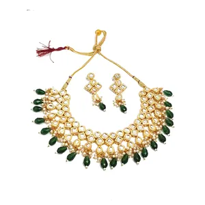 Conjunto de collar Kundan Meenaakri de cristal verde con engaste de bisel chapado en oro, elegante y lujoso collar llamativo para boda. - Product Image 4