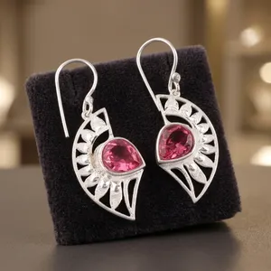 Women's Ethnic 925 Sterling Silver Bohemia Drop <b>Earrings</b> Freshwater <b>Pearl</b> <b>Pink</b> Tourmaline Bezel Setting Flower Pattern Everyday - Product Image 1