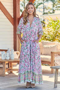 2026 Most Popular Printed Three Quarter Sleeve V-Neck Floor Length Handmade Boho Long Maxi <b>Dress</b> - Product Image 2