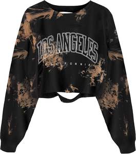 Camiseta Corta Holgada para Mujer, con Estampado de Sol y Luna, Estilo Desgastado, con Capucha Bordada, Transpirable, Forrada, para Invierno - Product Image 1