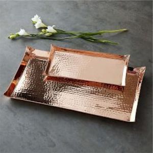 Ensemble de plateaux décoratifs en cuivre martelé rectangulaire, plateau de service en métal rose doré pour table basse, décoration de maison de luxe, plateau en cuivre - Product Image 1