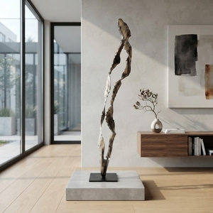Handcrafted <b>wooden</b> liyuk stand sculpture <b>rustic</b> teak carved abstract winding human figure statue metal base accent decor units - Product Image 4