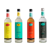 Apéritifs aromatisés Quero Chuva de la marque Degusto : miel, citron vert, noix de coco, cannelle, banane, acaï en bouteilles de 750 ml et 50 ml