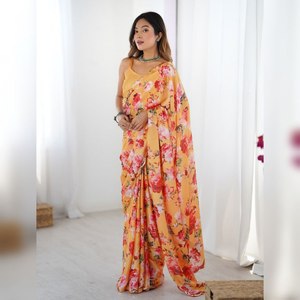 Proveedor exportador indio de diseño elegante tradicional, ropa de fiesta de boda, Sari de crepé satinado impreso digital a precio competitivo - Product Image 6