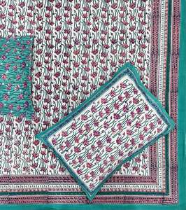 Drap de lit traditionnel 100% coton Jaipuri fabriqué à la main avec bordure Design main bloc imprimé drap de lit en coton doux avec ensemble d'oreiller - Product Image 1