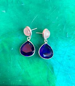 Saphir bleu en argent sterling 925 avec boucle d'oreille à la main en quartz rose Belle boucle d'oreille pour femme Belle boucle d'oreille en pierre bleue. - Product Image 4