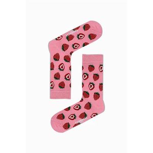 Unisex Pink Strawberry Pattern <b>Socks</b> Breathable and Lightweight Long Nylon Character Disposable for Daily Use or <b>Winter</b> Season - Product Image 1