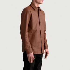 Chemise-veste en cuir marron pour homme, fermeture à boutons, manches longues, col, cuir véritable, décontractée, élégante, design de chemise-veste - Product Image 2