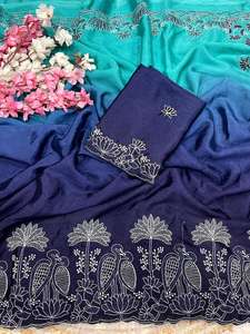 Multi bordado con elegante diseño de pájaro trabajo Chinon tela azul Saree exclusiva blusa elegante fiesta Festival más vendido desgaste - Product Image 2