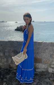 Lujoso vestido Maxi floral mexicano bordado trabajo Boho Lady Resort vestido de noche azul estilo bohemio vestido Maxi sin mangas - Product Image 4