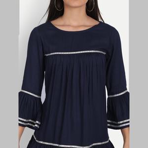 Navy Blue Rayon Solid Bell <b>Sleeve</b> <b>Top</b> for Ladies Embroidered Office Shirt Linen Chiffon Fabric Long XL XXL Sizes Loose <b>Lapped</b> - Product Image 5