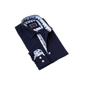 Chemise bleu marine coupe ajustée à col Oxford et manchettes à motifs de feuilles - Product Image 1