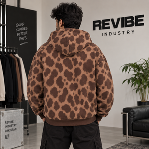 Custom Mens Oversized Brown Spotted Zip Hoodie Heavyweight Fleece Streetwear <b>Sweatshirt</b> Private Label OEM Manufacturer - Product Image 2